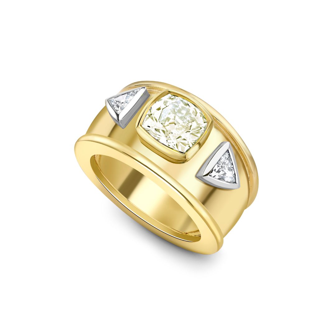 Diamond Cushion and Trilliant Bombé Ring